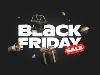 Black Friday sale banner or poster or post design concept with white Black Friday lettering on black background surrounded by black 3d shopping icons. Vector illustration