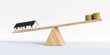Fototapeta  - House balance against money on a wooden scale