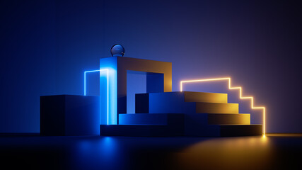 Poster - 3d render, blue background with abstract geometric shapes glowing with yellow neon light. modern min