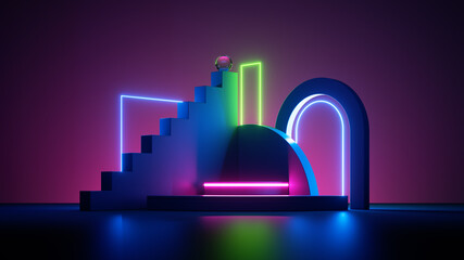 Poster - 3d render, colorful background with abstract geometric shapes glowing with pink green and blue neon 