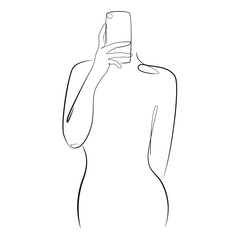 Poster - Woman takes a selfie, takes pictures on the phone one line art on white isolated background. Vector illustration
