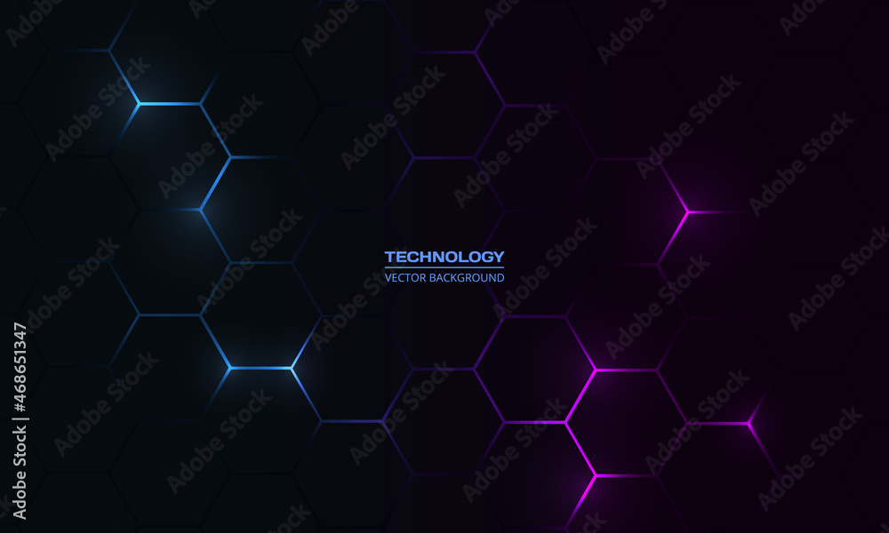 Dark hexagon abstract technology background with blue and pink colored ...
