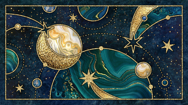 Wall Mural -  - abstract cosmic background with gold metallic foil and marbled textures inlay. Sacred geometry with celestial motif, stars and planets. Galaxy wallpaper