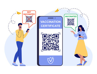 Certificate of vaccination vector flat illustration. Men and woman showing smartphone with vaccine QR code in mobile app or screen. Covid-19 coronavirus vaccine certificate or vaccine passport.