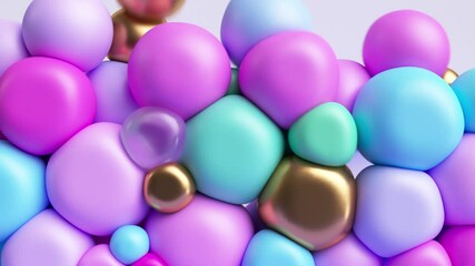 3d animation 4K. Abstract background with colorful balls, silicone rubber balloons falling down and filling the empty space