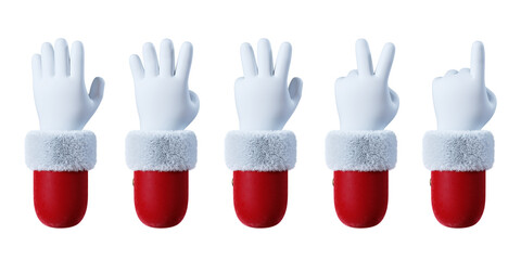 3d render, Santa Claus cartoon character hands, fingers show numbers from one to five. Counting sequence. Christmas clip art isolated on white background