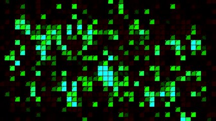 Poster - Motion abstract background with green pixels flashing and blinking on a black background, seamless loop. Motion. Colorful dance of randomly blinking squares.