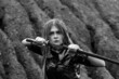 © Сергей Луговский - Warrior woman with katana sword in black and white