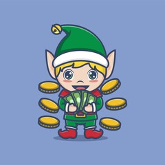 Wall Mural - cute cartoon christmas elf rich in money and coins. vector illustration for mascot logo or sticker
