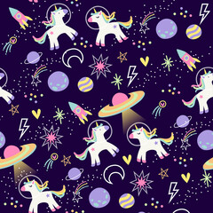Wall Mural - seamless background with unicorn and planets