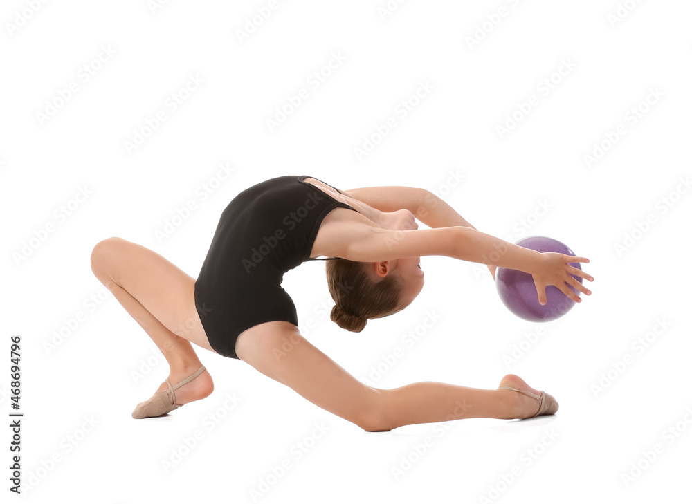 Little girl doing gymnastics with ball on white background