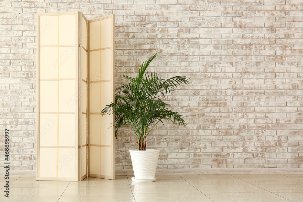 Beige folding screen and houseplant near light brick wall