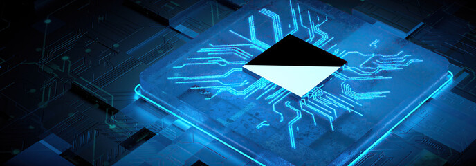 3D rendering of cyberpunk AI. Circuit board. Technology backgrou