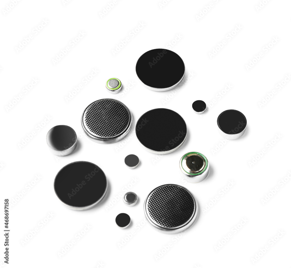 Lithium button cell batteries on white background