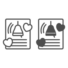 Fototapete - Paper with hearts and bell, love letter line and solid icon, dating concept, romantic message vector sign on white background, outline style icon for mobile concept and web design. Vector graphics.