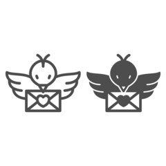 Poster - bird with love letter in beak, message line and solid icon, dating concept, envelope with heart vect