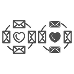 Poster - love letters, envelopes around the heart line and solid icon, dating concept, romantic message vecto