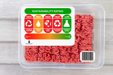 Sustainability Rating on meat for carbon footprint, water use, land use, packaging waste and chemical waste label. Product scale on rating index. Consumer food labels concept