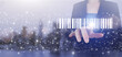 © Alexa Mat - Warehouse and logistics. Hand touch digital screen hologram Bar Code Price Tag sign on city light blurred background. Bar Code Price Tag Merchandise Concept