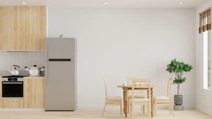 Kitchen room has a kettle on top of an electric oven' there is a refrigerator and a dining table on the floor with a white wall in the background.3d rendering.