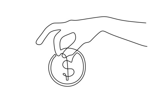 Hand holding dollar coin continuous line drawing