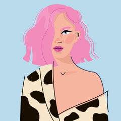 Wall Mural - young beautiful girl with pink hair in a bare shoulder in a kimono with a cow dots pattern.  flat illustration. Avatar for a social network.