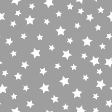 Simple Seamless Star Pattern. Gray Background, White Stars. Vector Texture. Fashionable Print For Textiles, Wallpaper And Packaging.
