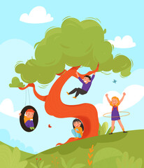 Wall Mural - Summer Children Playing Activity Tree Composition