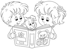 Little Girl And Boy And Their Merry Puppy Friendly Smiling And Reading An Interesting Illustrated Book For Small Kids, Black And White Outline Vector Cartoon Illustration For A Coloring Book Page