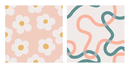 Set of naive seamless boho patterns with with crazy colorful doodle lines and white daisies of natural tones. Contemporary minimalistic trendy backgrounds for kids. Scandinavian nursery print.