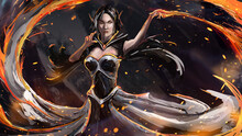 A Beautiful Girl With Long Ears In A Black Dress With Gold Patterns Summons Fire Magic From Her Hands. She Has An Amulet Around Her Neck, Short Hair. Sparks And Fiery Tongues Fly Nearby. 2d Art