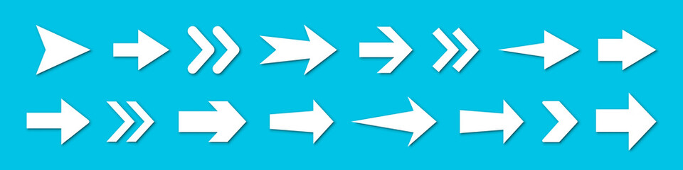 Poster - Arrows icon collection. Set of white arrow icons on a blue background