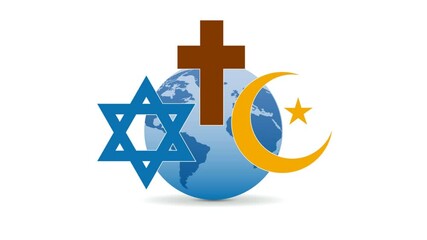 Wall Mural - Peace and dialogue between religions. Christian symbols, jew and Islamic on the world. Animated illustration