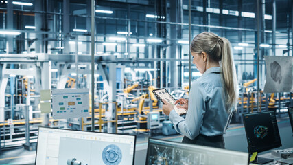 Poster - Car Factory Office Concept: Female Chief Automotive Engineer Using Tablet Computer to Develop, Design and Optimize Efficiency of Automated Robot Arm Assembly Line Manufacturing Electric Vehicles. 