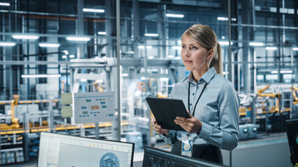 Sticker - Car Factory Office Concept: Portrait of Successful Female Chief Automotive Engineer Using Tablet Computer to Design and Optimize Automated Robot Arm Assembly Line Manufacturing Electric Vehicles