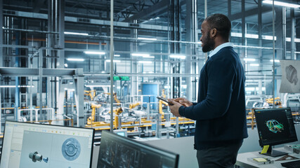 Poster - Car Factory Office: Portrait of Successful Black Male Chief Engineer Using Tablet Computer in Automated Robot Arm Assembly Line Manufacturing High-Tech Electric Vehicles. Side View Shot