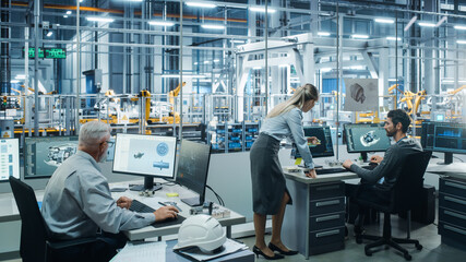 Leinwandbilder - Car Factory Office: Project Manager Talks to Engineer Working on Computer. CAD Software, 3D Turbine Engine, Electric Car. Automated Robot Arm Assembly Line Manufacturing Vehicles. Wide Shot