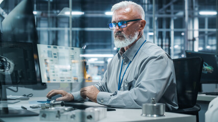 Car Factory Office: Portrait of Senior Male Chief Engineer Working on Desktop Computer in Automated Robot Arm Assembly Line Manufacturing High-Tech Electric Vehicles. Electronics Production Conveyor