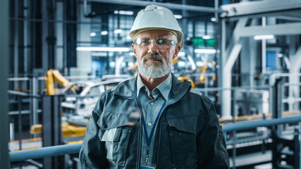 Sticker - Car Factory Office: Portrait of Senior White Male Chief Engineer Looking at Camera and Smiling. Professional Technician in Automated Robot Arm Assembly Line Manufacturing in High-Tech Facility