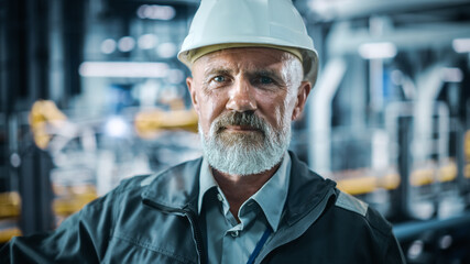 Leinwandbilder - Car Factory Office: Portrait of Senior White Male Engineer Wearing Safety Hard Hat Looking at Camera and Smiling. Technician in Automated Robot Arm Assembly Line Manufacturing Facility. Close-up