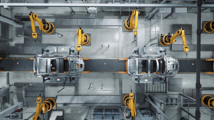 Poster - Aerial Car Factory 3D Concept: Automated Robot Arm Assembly Line Manufacturing Advanced High-Tech Green Energy Electric Vehicles. Construction, Building, Welding Industrial Production Conveyor