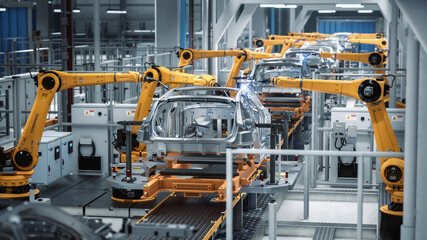 Poster - Car Factory 3D Concept: Automated Robot Arm Assembly Line Manufacturing Advanced High-Tech Green Energy Electric Vehicles. Construction, Building, Welding Industrial Production Conveyor. Back View