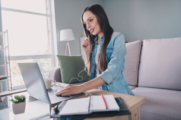 Sticker - Portrait of attractive cheerful skilled woman using laptop answering calls remote client support care at home indoors