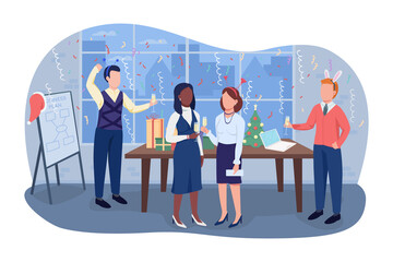 Poster - office christmas party 2d vector isolated illustration. colleagues with drinks in flute glasses. hap