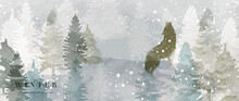 Winter Background Vector. Hand Painted Watercolor And Gold Brush Texture, Mountain With Snow, Pine Forest And Wolves Hand Drawing. Design For Wallpaper, Wall Arts, Cover, Wedding And  Invite Card.  