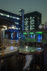 Aufkleber - Portrait format 3D rendering of a dark moody cyberpunk city high rise urban environment with landing bay for flying cars.