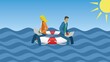 © Eva Almqvist - Woman and man floating on life buoy. Sitting on the lifebuoy and work at computers. Vector illustration. Dimension 16:9. EPS10.