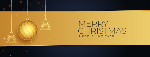 merry christmas golden wide banner with balls and trees