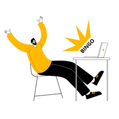 Aufkleber - A man is happy about winning or success at the computer. Vector illustration in the style of outline on the topic of success and successful solutions.