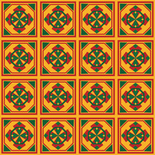 Vector Flat Design Of Seamless Beautiful Simple Red And Green Diamonds With Box Lines Are Repeating On Yellow Background Pattern For Decorating, Fabric,wrapping, Textile,wallpaper,apparel,tile,mosaic 